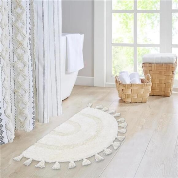 Half Circle Boho Bathroom Rugs with Tassels 100% Cotton Hand-Woven Bath Mat - Picture 5 of 7